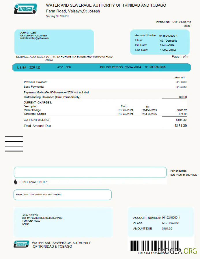 Trinidad and Tobago WASA utility bill template in Word and PDF formats